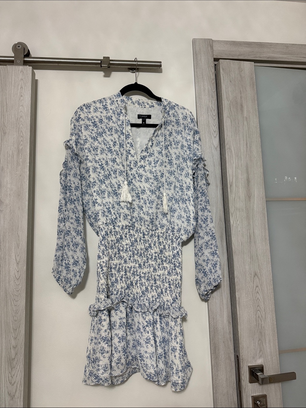 Aqua Blue & White Floral Long-Sleeve Smocked Dress